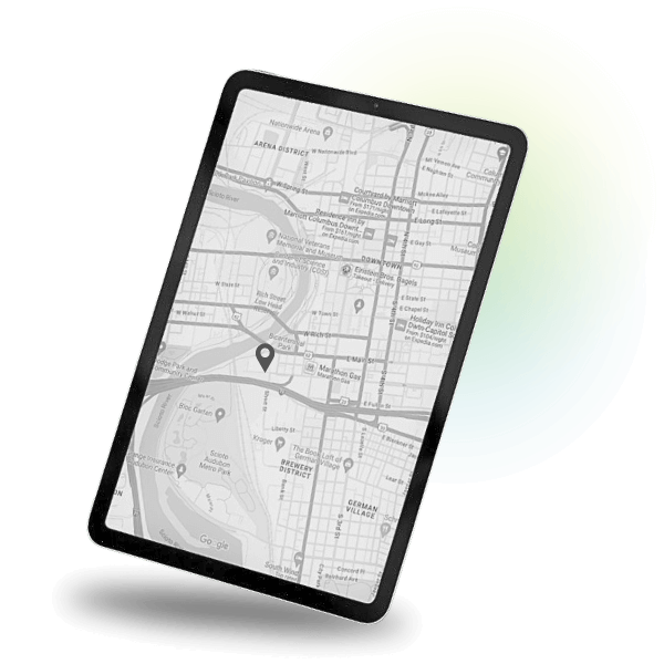 hyper local seo a tablet with a google map of columbus with a location pin pointing to a local business in the center