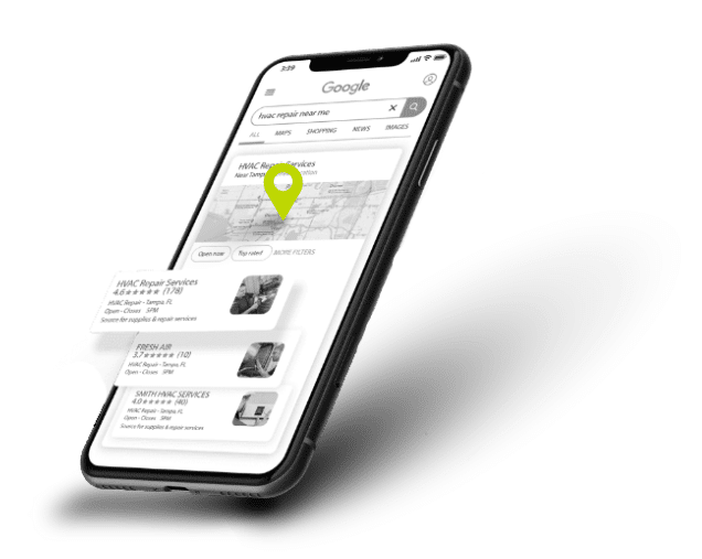 local seo pin a cell phone showing local seo results on a google search